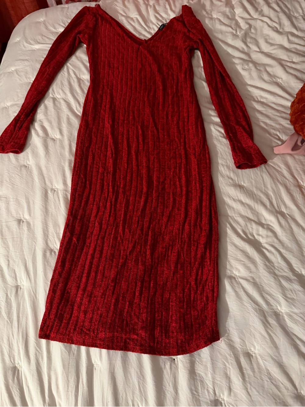 Fashion Nova Red Ribbed V-Neck Long Sleeve Midi Dress